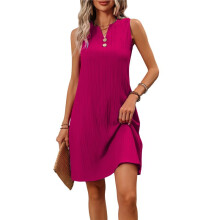 Dames 2025 Strand Losse Casual A-Lijn Jurk Mouwloos V-Hals Elegante Effen Kleur Swing Zomerjurken Roosrood M