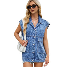Women'S Vintage Denim Jean Vest Oversized Button Down Jean Waistcoat Gilet Leopard Pattern M