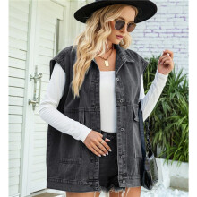 Women'S Vintage Denim Jean Vest Oversized Button Down Jean Waistcoat Gilet Black and Gray M
