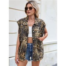 Dames Vintage Denim Jean Vest Oversized Button Down Jean Gilet Geel Luipaardpatroon S