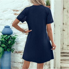 Vestito Estivo da Donna con Maniche Corte In Pizzo, Casual, Scollo Rotondo, Plissettato Sul Davanti, Blu S