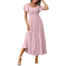 Vestido de Verão Feminino, Decote Quadrado, Mangas Esvoaçantes, Estilo Boho, Corte A, Fluido, em Camadas, Midi Modesto, com Bolsos, Rosa XXXL