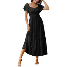 Robe D'Été Mi-Longue à Volants et Col Carré pour Femme, Style Bohème, Smockée, Fluide, à Volants, avec Poches, Noire, Taille M