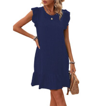 Robe D'Été pour Femme, Col Rond, Manches Courtes, Ourlet à Volants, -Robe Décontractée, Bleu Foncé, Taille L