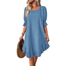 Robe de Plage Courte à Manches Bouffantes et Ourlet à Volants, Col Rond, Ample et Froncée, Bleu Paon, Taille L