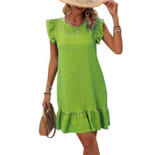 Robes D'Été pour Femmes, Col Rond, Manches Courtes, Ourlet à Volants, Robe Décontractée, Couleur Matcha, Taille L