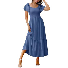 Robe D'Été Mi-Longue à Volants et Col Carré pour Femme, Style Bohème, Smockée, Fluide, à Volants, avec Poches, Bleu Marine, Taille XL