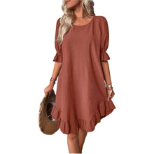 Robe de Plage Courte à Manches Bouffantes et Ourlet à Volants, Col Rond, Ample et Froncée, Rouge Brodé, Taille L