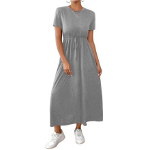 Robe Longue Décontractée à Manches Courtes pour Femme avec Poches, Gris, Taille S