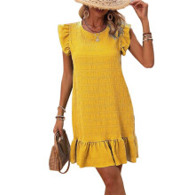 Robe D'Été pour Femme, Col Rond, Manches Courtes, Ourlet à Volants, Robe Décontractée, Jaune, Taille L