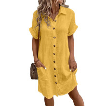 Robe Tunique Décontractée D'Été en Coton et Lin pour Femme, Col en V, Manches Courtes, Ample, Jaune, Taille L