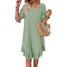 Robe de Plage Courte à Manches Bouffantes et Ourlet à Volants, Col Rond, Ample et Froncée, Couleur Vert Gourde, Taille XXL