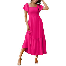Vestido de Verão Feminino, Decote Quadrado, Mangas Esvoaçantes, Estilo Boho, Corte A, Fluido, em Camadas, Midi Modesto, com Bolsos, Rosa Vermelho L