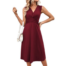 Robe D'Été Cache-Cœur Sans Manches à Col en V pour Femme, Robe Débardeur Évasée, Rouge Vin, Taille M