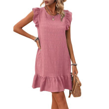 Robe D'Été pour Femme, Col Rond, Manches Courtes, Ourlet à Volants, -Robe Décontractée, Rose, Taille XXL