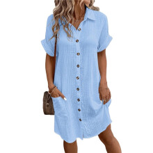 Robe Tunique Décontractée D'Été en Coton et Lin pour Femme, Col en V, Manches Courtes, Ample, Bleu, Taille XXL