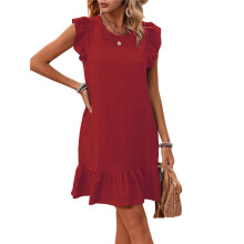 Robes D'Été pour Femmes, Col Rond, Manches Courtes, Ourlet à Volants, Robe Décontractée, Rouge, Taille M