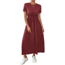 Robe Longue Décontractée à Manches Courtes pour Femme avec Poches, Rouge Vin, XXL