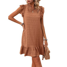 Robe D'Été pour Femme, Col Rond, Manches Courtes, Ourlet à Volants, -Robe Décontractée, Couleur Caramel, Taille L