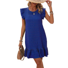 Robes D'Été pour Femmes, Col Rond, Manches Courtes, Ourlet à Volants, -Robe Décontractée, Bleu M