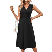 Robe D'Été Cache-Cœur Sans Manches à Col en V pour Femme, Style Débardeur Évasé, Noir, Taille S
