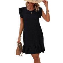 Robe D'Été pour Femme, Col Rond, Manches Courtes, Ourlet à Volants, -Robe Décontractée, Noire, Taille XL