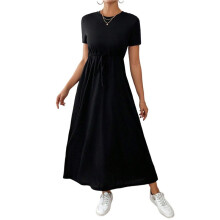 Robe Longue Décontractée à Manches Courtes pour Femme avec Poches, Noire, Taille M