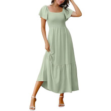 Robe D'Été Mi-Longue à Volants et Col Carré pour Femme, Style Bohème, Smockée, Coupe Trapèze, à Volants, avec Poches, Vert Clair, Taille XXL
