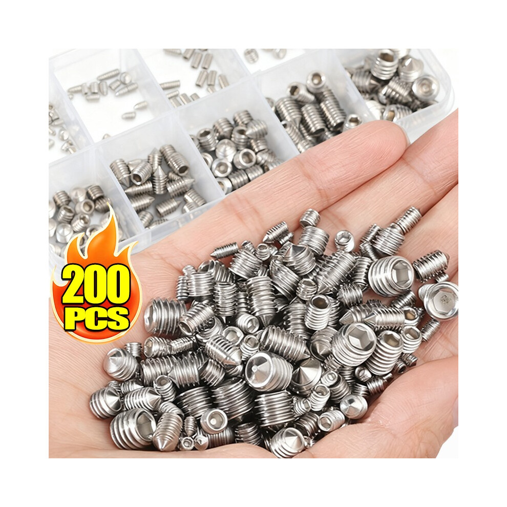 200Pcs Allen Head Hex Socket Cone Point Set Internal Hex Drive Grub Screws 304 Stainless Steel Tip Point Screw Assortment Kits 6935161445015