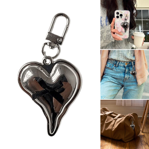 Love Silver Heart Bag Charm Bowknot Keyring-Light coffee 2