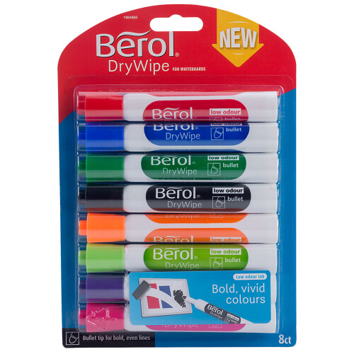 Berol Dry Wipe Bullet Tip Whiteboard Marker - Assorted Colours (Pack of 8)