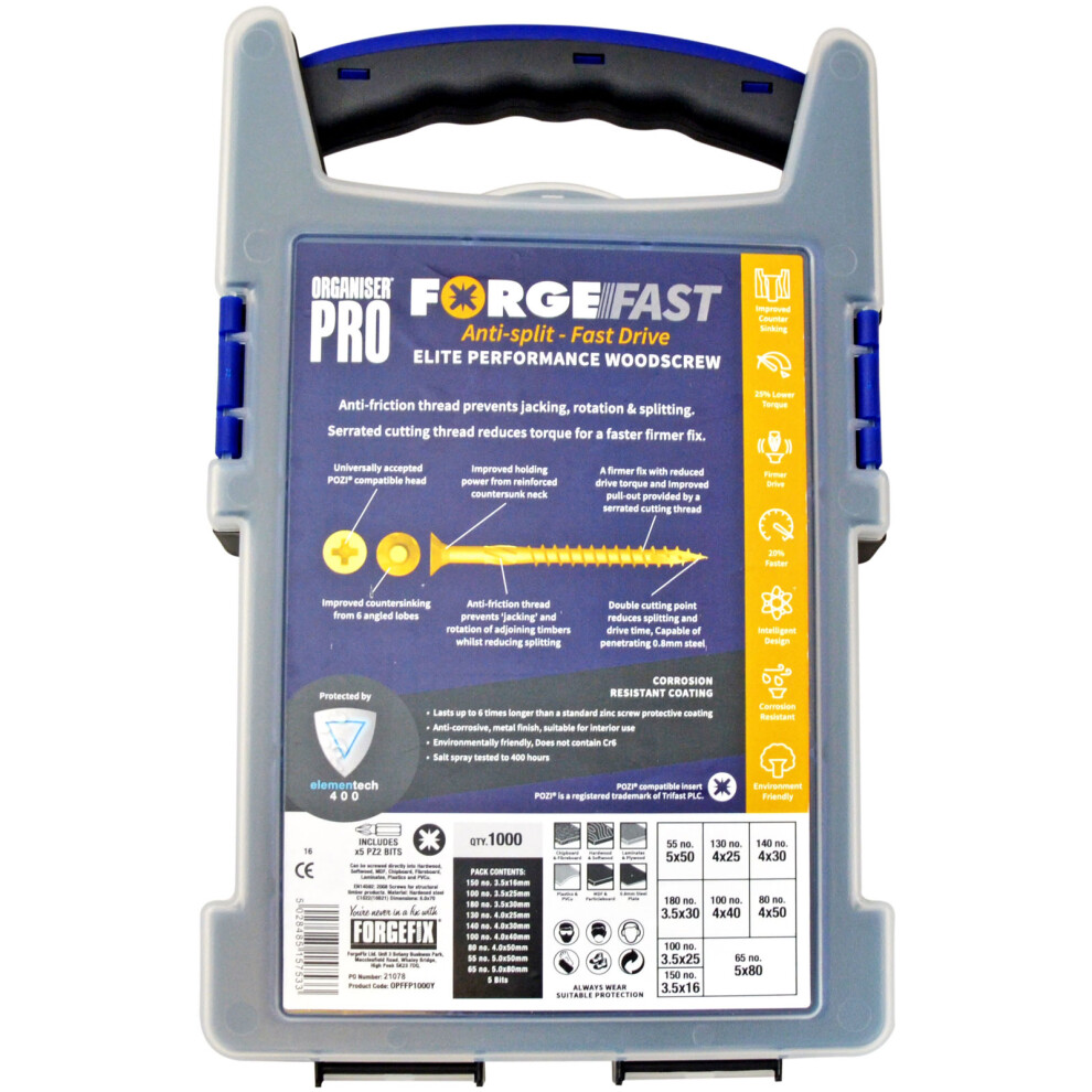 Forge OPFFP1000Y ForgeFast Pozi Compatible Elite Performance Wood Screw Organiser 1000 Piece