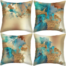 Teal Blue and Gold Nordic Abstract Pillows, 18x18 Inch Set of 4, Decorative Cushions with Invisible Zipper for Couch Bed Outdoor Decor