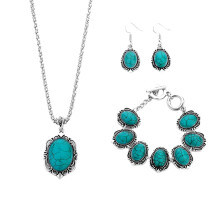 2St Retro Turquoise Sieraden Set Oorbellen Halsketting