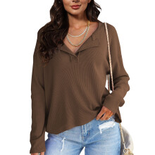 Langærmet bluse til kvinder, V-hals afslappet løs bluse vaffelstrikket letvægtspullover med dekorationsknapper, chunky varm sweater løs pasform