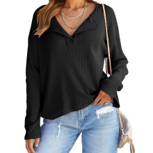 Langærmet bluse til kvinder, V-hals afslappet løs bluse vaffelstrikket letvægtspullover med dekorationsknapper, chunky varm sweater løs pasform