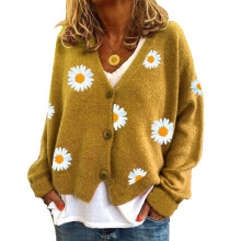 Koftatröja för kvinnor, överdimensionerad beskuren kofta med vintage- och konstnärligt blommönster, kabelstickad tröja för ytterkläder, mjuk