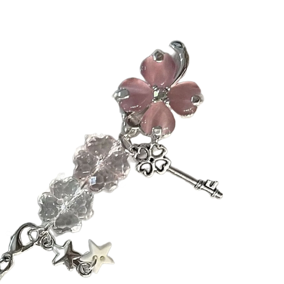 Unique Beaded Phone Charm Keychain Four Leaf Clovers- Pink 7732000769559