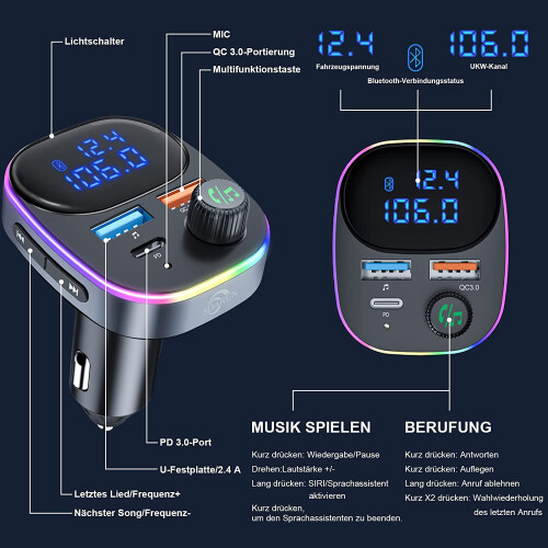 Προηγμένος πομπός FM με μεγάλη οθόνη LCD, Bluetooth5.3 για αδιάλειπτη ροή, η παρακολούθηση 1