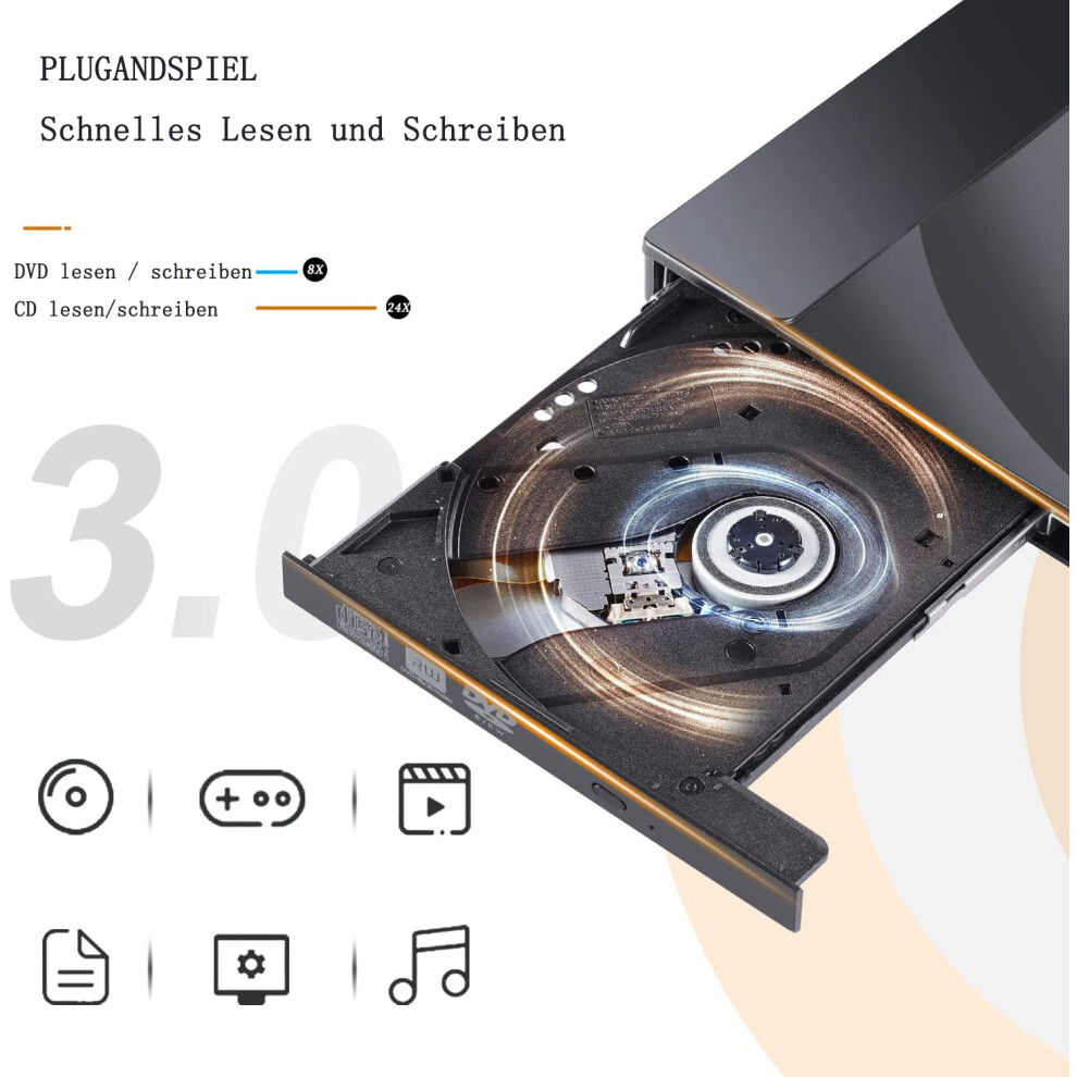 Ultra-Slim Portable Dvd Drive, Plug And Play Cd/Dvd Burner Reader With High Speed Usb 3.0 And Type-C For Laptop, Desktop, Mac, Ios, Windows, Linux 9169997030160