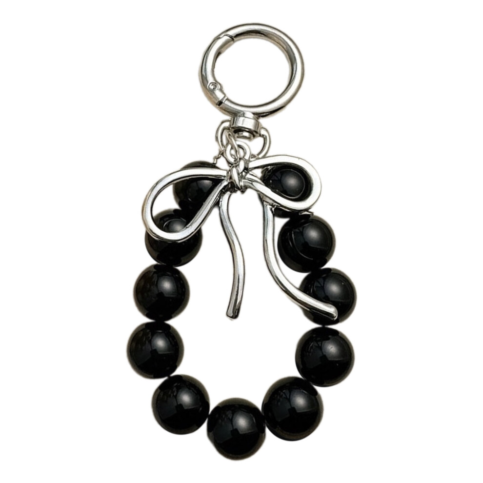 Stylish Bowknot Keyring With Beaded Ornament Phone Charm- Black 7732000826672
