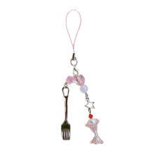 Fashionable Beaded Fork Pendant Phone Charm Unique Heart-Pink