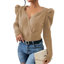 Dame Cropped Sweater V-hals Langærmet Crop Sweater Let og Bekvem Striktop med Let Stretch og Ribbede Kanter Til Efterår/Vinter Afslappet