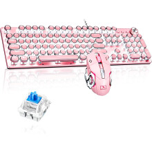 Tastiera da gioco, stile macchina da scrivere meccanica, retroilluminazione a LED, tastierino rosa con design ergonomico, tasti rotondi retrò (104