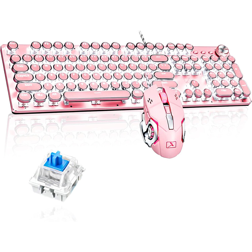 Typewriter Style Gaming Keyboard, Led Backlit, Switches, Ergonomics Design For Retro Round Keycap Keypad (104-Key) Blue 9340258507632
