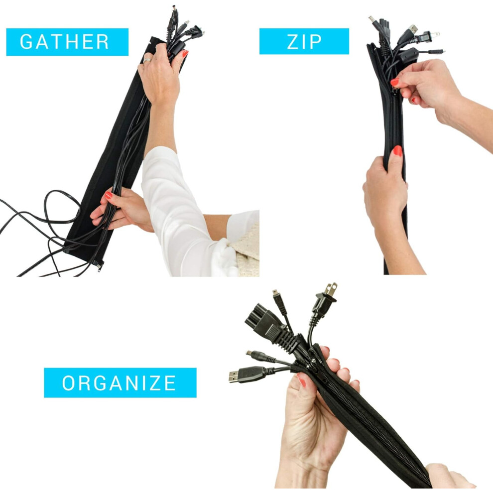 Cable Organizer Sleeve, 20 Inch Expandable Cord Concealment Wrap, Black Neoprene Fabric With Zipper Access For Home Office Use (4Pcs) 9169997073471