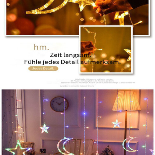 Luminárias pendentes mágicas em formato de estrela e lua, luzes de Natal multicoloridas com comprimento extensível, 8 modos com controle remoto, 1