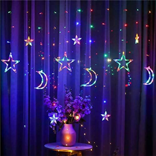 Luminárias pendentes mágicas em formato de estrela e lua, luzes de Natal multicoloridas com comprimento extensível, 8 modos com controle remoto, 2