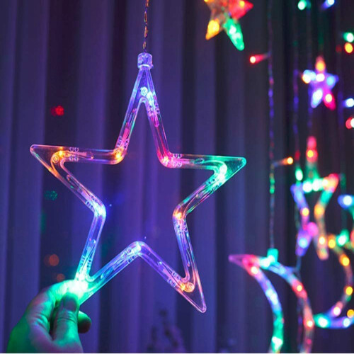 Luminárias pendentes mágicas em formato de estrela e lua, luzes de Natal multicoloridas com comprimento extensível, 8 modos com controle remoto,