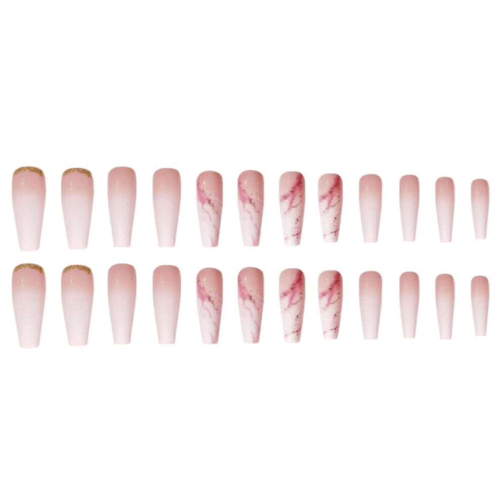 Cream Natural Artificial Nails, Glossy Nude Coffin Press On Nails With Designs, Marble Pattern Fake Nails, Reusable Stick On Nails For Women, Minimalist